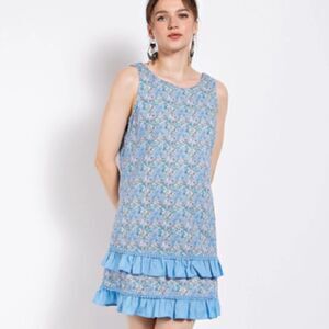 Boho Blue Floral Tiered Hem Scoop Back Ruffled Cotton Tank Dress Casual Summer